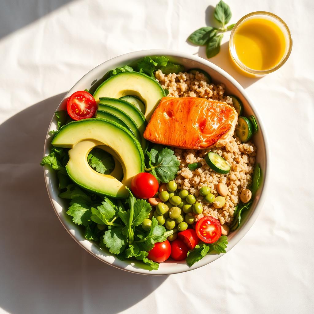 Bowl saludable con salmón, palta, quinoa y vegetales frescos