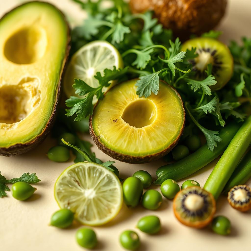 Verduras frescas y frutas verdes en primer plano